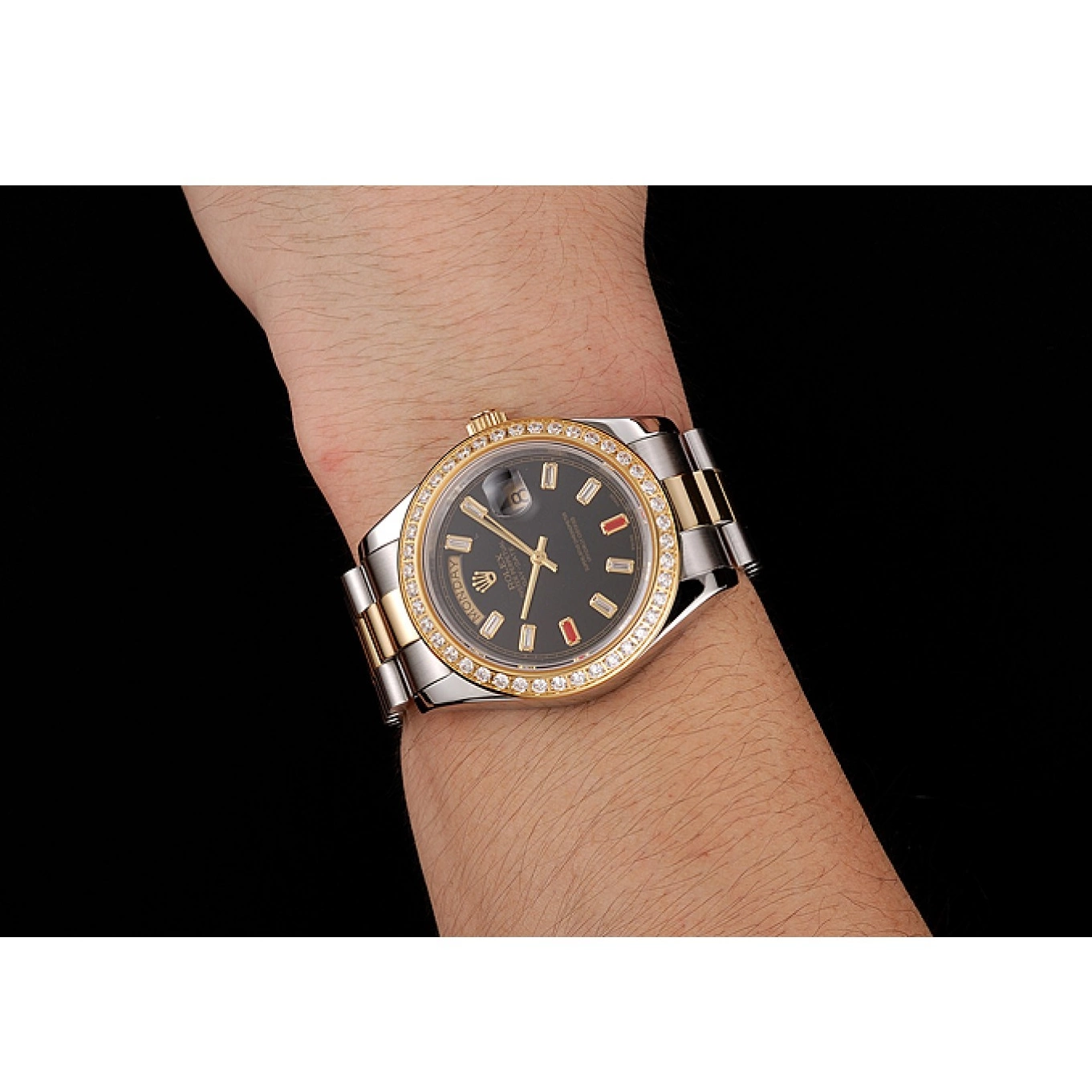 Aaa replica watch Swiss Two Rolex Rubies Bracelet Day-Date 1454105 And Dial Diamonds Black Tone 0709
